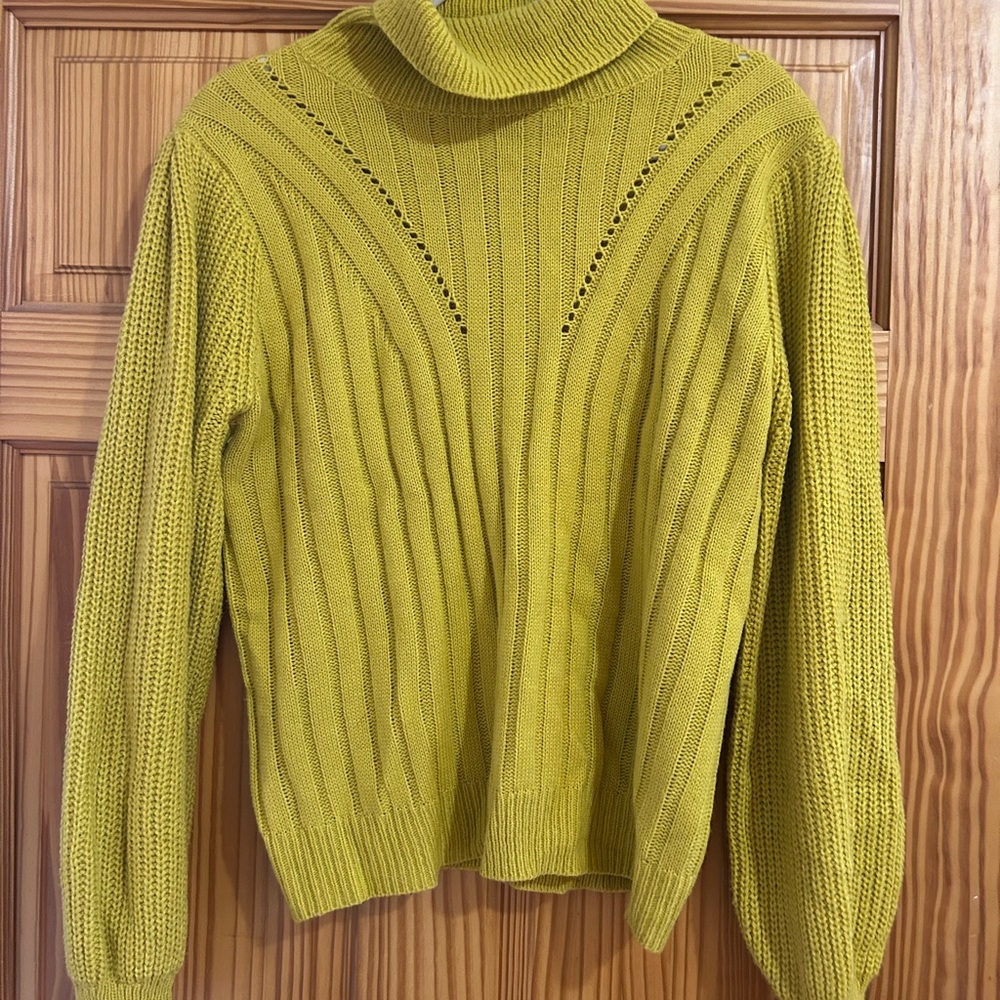 Yellow Cowl Turtleneck Sweater with Ribbed Knit
